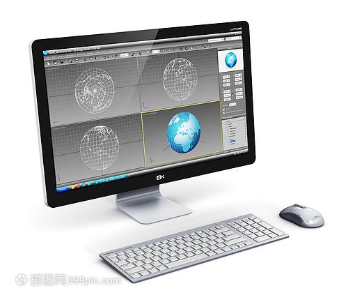 3D设计技术商业概念专台式工作站计算机个人电脑在监视屏幕键盘和白背景的鼠上有3D开发软件界面